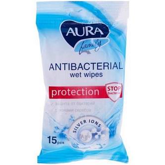 Влажные салфетки AURA 15шт антибактериальные